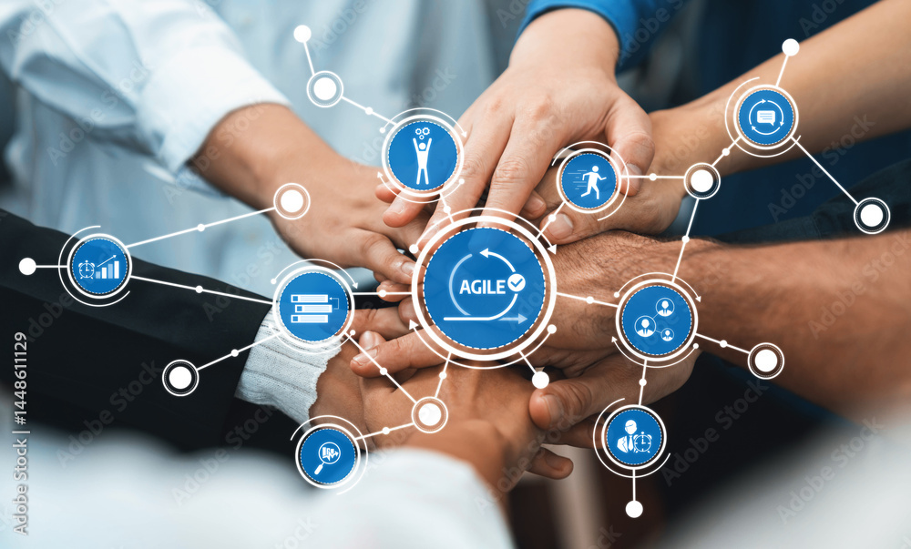 Leinwandbilder A close-up image showcasing diverse hands coming together, symbolizing teamwork and cooperation, surrounded by icons representing various aspects of agile project management. Amity