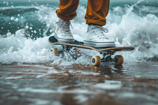 A person on a skateboard skating through ocean waves - Powered by Adobe