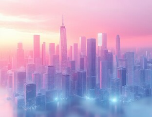 Pink Cityscape Sunrise Fog.