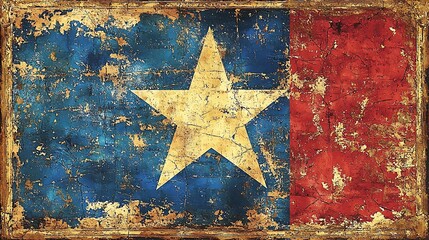 Distressed metal sign with a large white star on a blue background and a red stripe on the right side