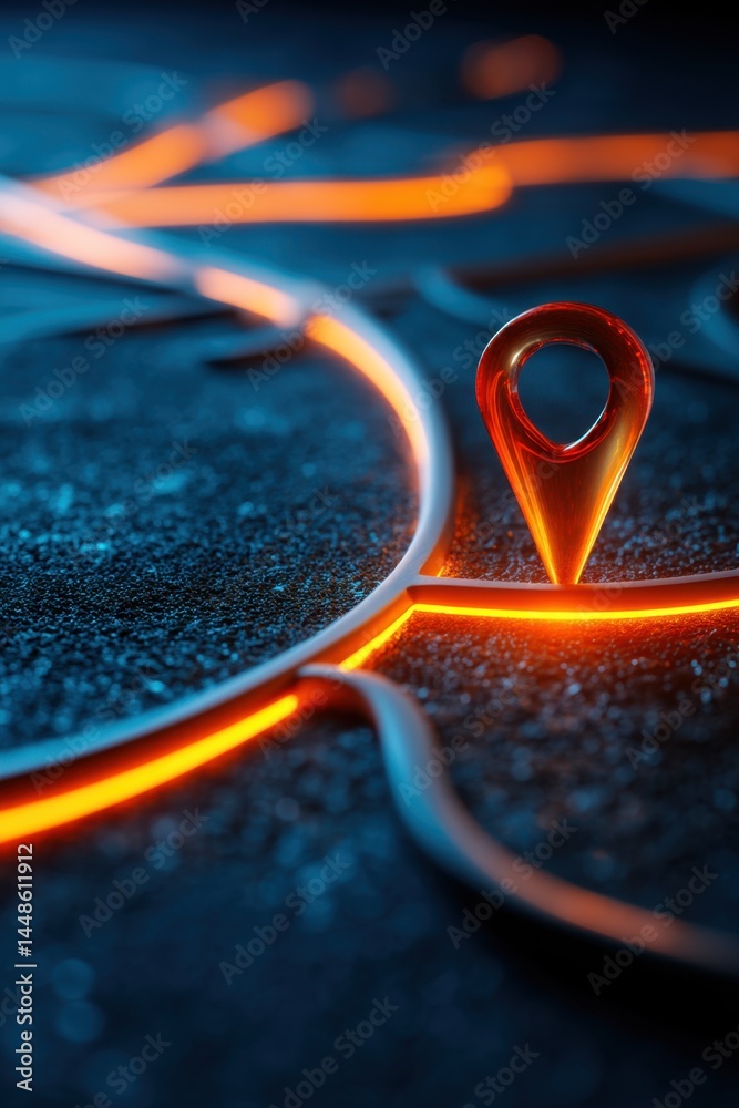 Poster glowing location pin on dark textured surface with illuminated network lines and futuristic aestheti