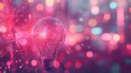 Digital innovation concept with glowing light bulb and circuit board pattern on blurred pink background futuristic technology and creative idea