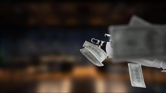 A futuristic robotic hand releases dollar bills in a sleek office, representing the intersection of technology and finance, highlighting modern investment opportunities. MZL