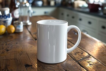 A pristine white mug resting on a beautiful wooden table