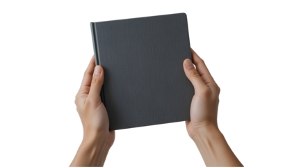 A hands holding a book, presented isolated on transparent background 