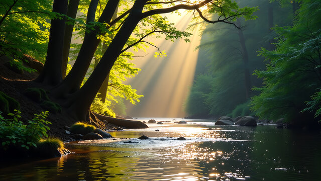 warm golden light pours towering trees serene forest river casting dappled shadows rippling water
