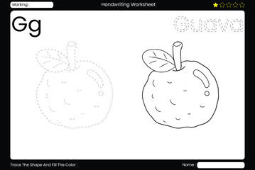  Learning: Trace Letter G. Juicy Guava Coloring Page for Kids. Printable Vocabulary Builder. Educational Vector Worksheet