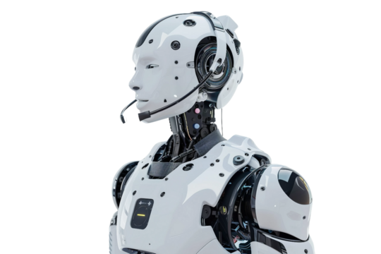 AI service robot making a call with a headset isolated on transparent background