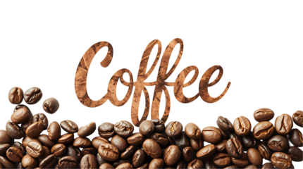 coffee beans and word ''coffee'' is written in background isolated on transparent background 