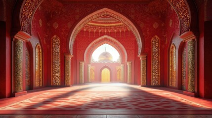 View of a mosque through ornate arches in a red and gold palace.