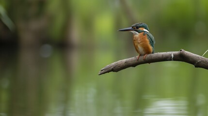 Kingfisher on Perch: A captivating image of a kingfisher perched elegantly on a branch, its vibrant plumage contrasting beautifully against the natural backdrop of the waterside scene.