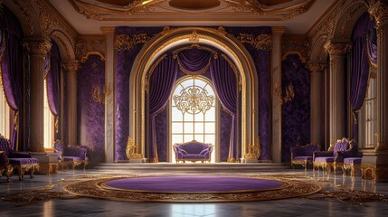 Obraz premium Lavish purple and gold throne room with arched window and plush seating.