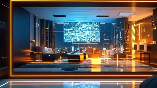 Futuristic smart living room with neon lighting, hightech gadgets, and interactive digital screens