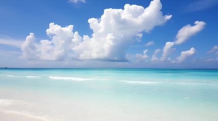Fototapeta premium Tropical paradise with soft white sand, gentle turquoise ocean waves, and a vibrant blue sky dotted with fluffy white clouds on a sunny day in the Maldives.