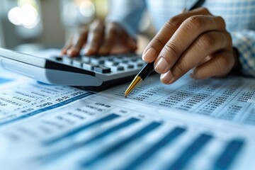 A person is calculating figures on financial documents closely