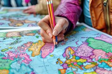 A person uses pencils on a brightly colored world map