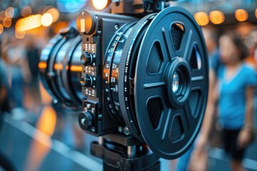 Fototapeta premium A professional film camera is shown close up with detail