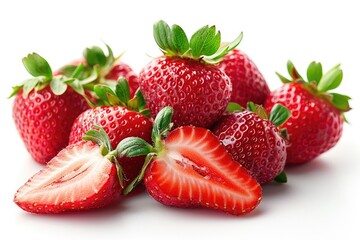 A pile of fresh ripe red strawberries and their green leaves