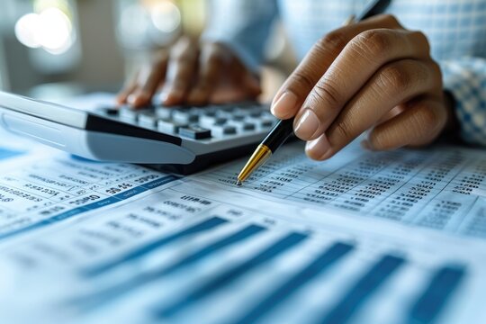 A person is calculating figures on financial documents closely