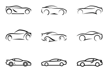 Stylized Sports Car Silhouettes vector Collection, transportation, road, race, automobile and car rental icon set, outline Automotive Icons Set
