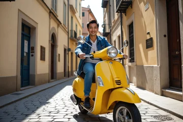 Fotobehang Stylish Asian Man Enjoying a Ride on His Bright Vintage Italian Style Scooter Through a Confined City Lane © Lumire.ai