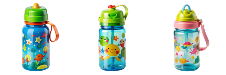Kids Water Bottles with Fun Designs and Straw Isolated Transparent Background PNG