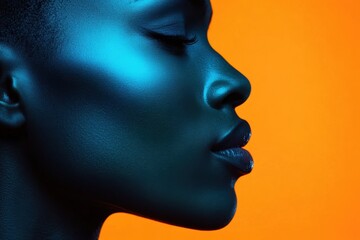 Obraz premium Profile of elegant african american woman with closed eyes in blue light against orange background capturing beauty and serenity in a modern studio setting