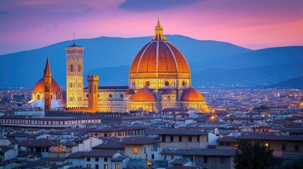 Fototapeta premium The Duomo, Florence, Italy, at sunset, with its iconic dome illuminated against a backdrop of mountains and city lights.