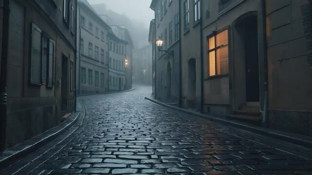 Narrow cobblestone street, misty evening.