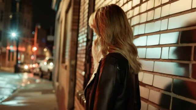 Woman in black jacket posing against brick wall at night