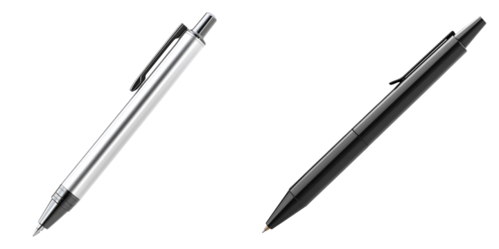 Sleek stainless steel ballpoint pens set isolated on transparent PNG image perfect for corporate stationery or executive gifts