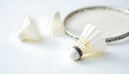 white badminton shuttlecocks scattered near racket on white background