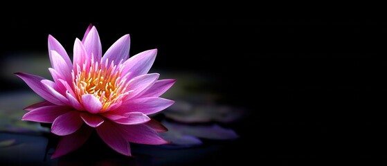 Obraz premium Captivating pink water lily blossom reflecting in dark water against a black background serene aquatic beauty floral elegance botanical harmony nature's vibrant palette