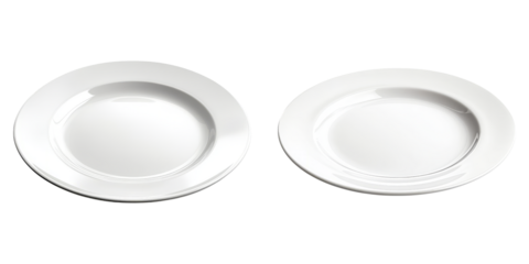 Round white ceramic dinner plates set isolated on transparent PNG image perfect for restaurant menu backgrounds or tableware catalogs