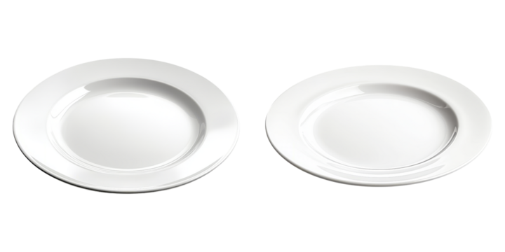 Round white ceramic dinner plates set isolated on transparent PNG image perfect for restaurant menu backgrounds or tableware catalogs