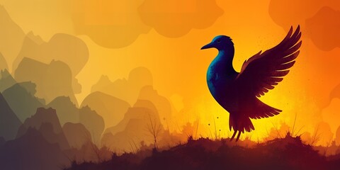 Fototapeta premium A stylized illustration of a bird with outstretched wings against a sunset background