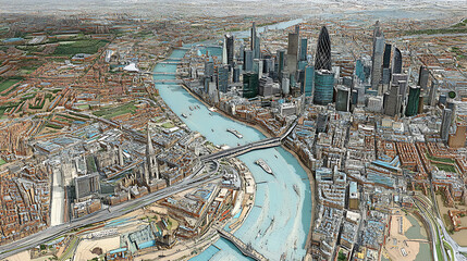 Detailed cityscape aerial view with river and modern buildings