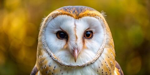 A barn owl is perched gracefully, displaying its striking plumage and keen eyes. The setting features a lush, blurred background, illuminated by warm sunlight, highlighting its beauty