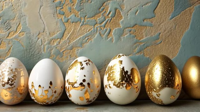Sequence of golden and white eggs with textured background transformation