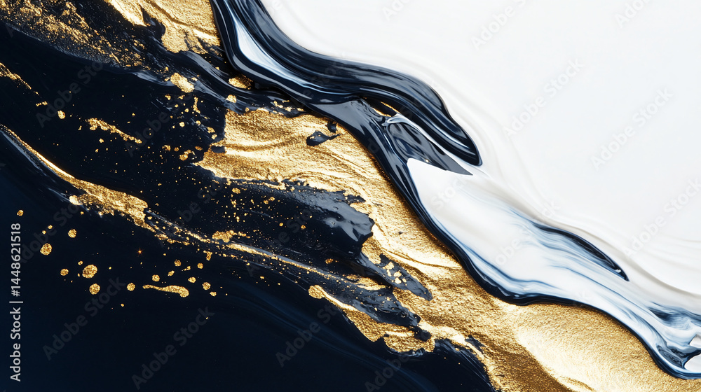 Poster abstract navy, white, gold paint swirls create a luxurious texture background ideal for branding or 
