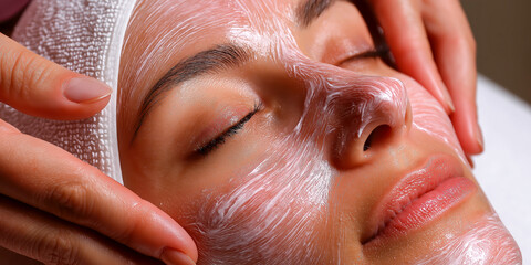 Naklejka premium Close-up macro of beautician applying soothing face mask to relaxed woman, perfect for skincare, spa treatments, beauty care, wellness, and self-care visuals