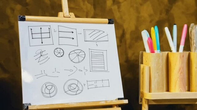 Whiteboard easel with simple drawings and colored pens in a wooden holder