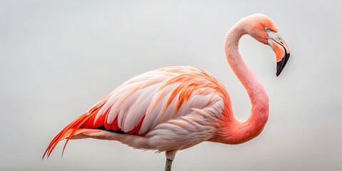 A majestic flamingo displays its vibrant pink feathers while standing tall in calm waters during early morning light. The landscape exudes tranquility and beauty