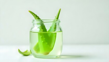 Studio shot of cut aloe vera leaves in glass jar isolated on white