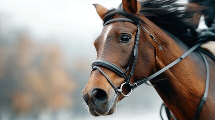 Fototapeta premium Close-up of brown horse with saddle and bridle in motion outdoors, mane flowing in wind, perfect for equestrian sports, horse riding, and countryside adventure visuals