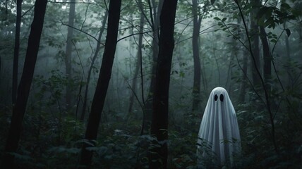 A Halloween ghost floating in a misty forest
