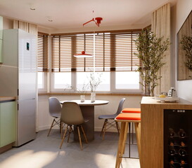 3D render. Small cozy kitchen with a round table near a window with blinds.