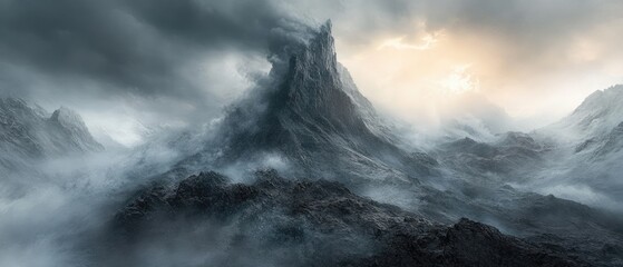 Obraz premium Majestic mountain peak shrouded in fog with a sunbeam peeking through the clouds.