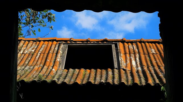 Rustic Old Roof with Open Window and Blue Sky