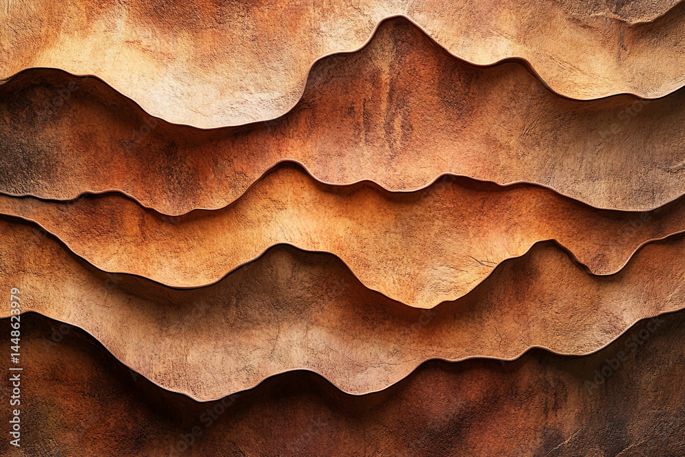 Poster Abstract image of layered brown textures resembling undulating landscape, showcasing depth and dimension, ideal for background or design element